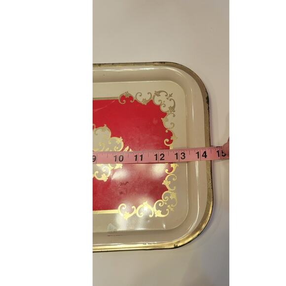 Vintage Tin Metal Vanity Tray Rectangle Cream Red Silver Damask - Picture 3 of 4